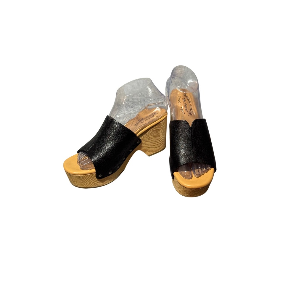 Kork-Ease Black Leather Platform Slide Sandals Wood Wedge Clogs Studded 7M